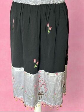 Black Midi Skirt with hand painted Pink Floral Border and beaded trim